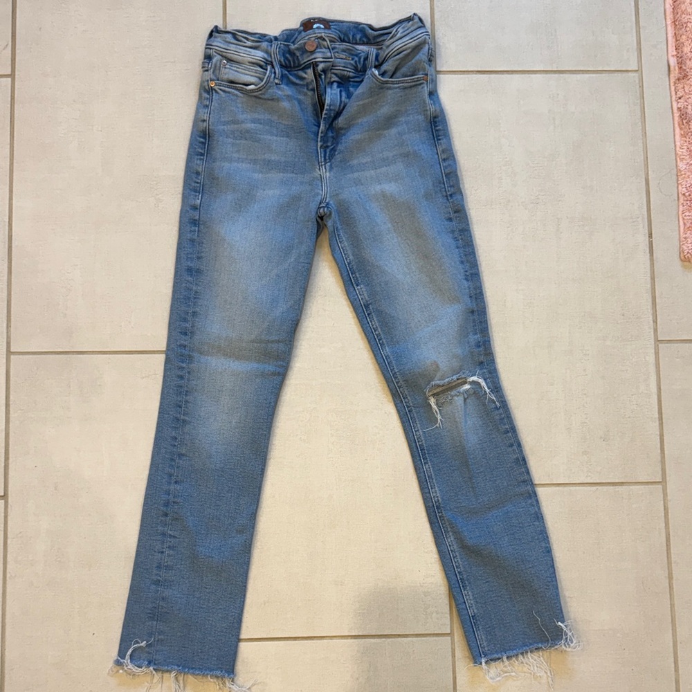 MOTHER Light Blue Straight Leg Jeans with Knee Distress